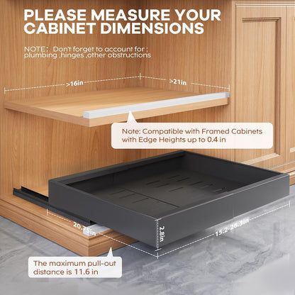 Seinloes 2Pack Expandable Pull Out Cabinet Organizer 21"Deep With Raising Pad for Framed Cabinets, Upgrade 3 Slide Rails Slide Out Drawers, Roll Out Shelves Adhesive,Adjustable Width 12.05"-20.4"White