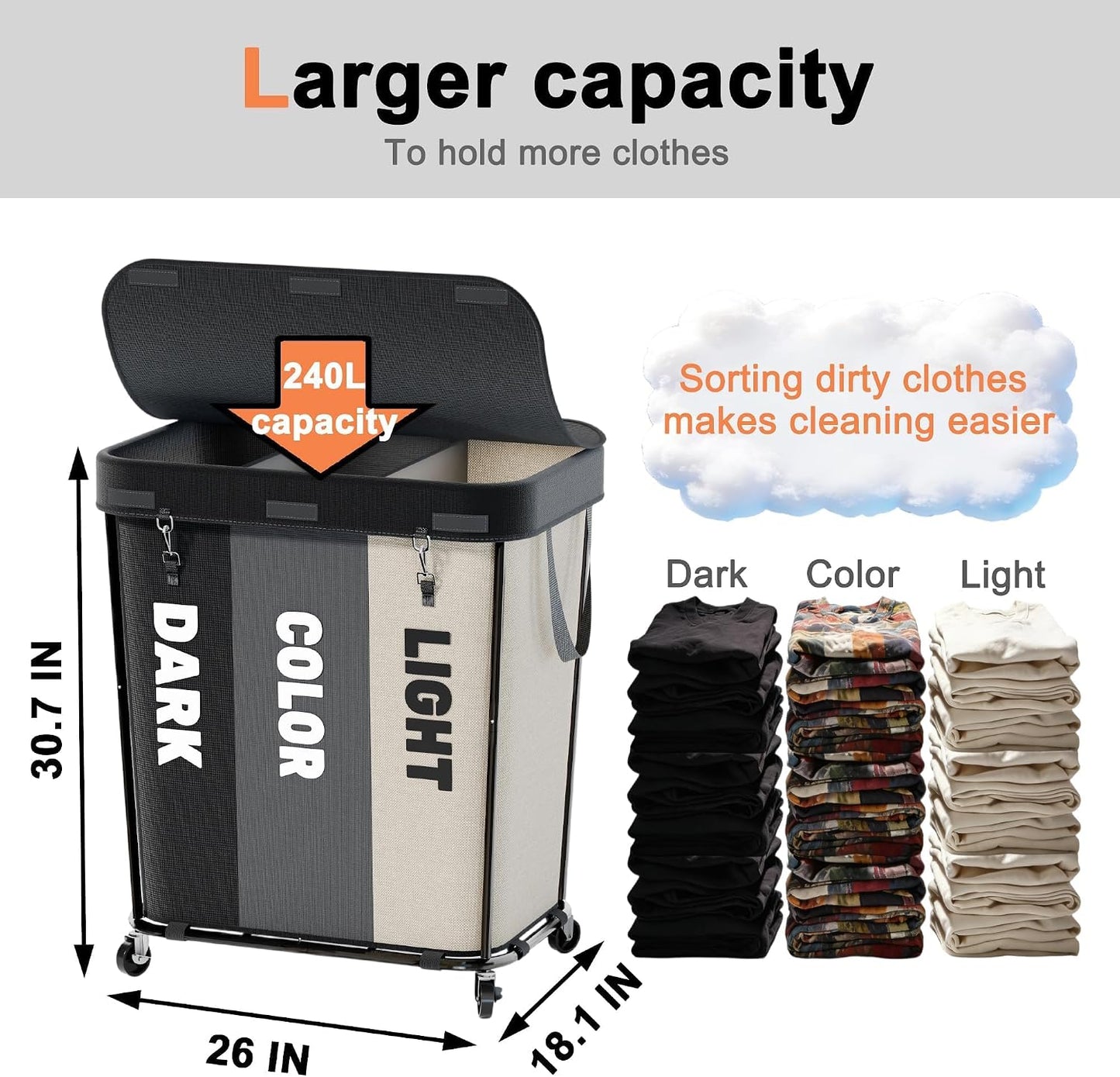 Laundry Sorter with Wheels 240L Rolling Laundry Cart,3 Compartment Designed Removable Laundry Bag for Daily Use in Bathrooms and Laundry Rooms (Brown, 240L)