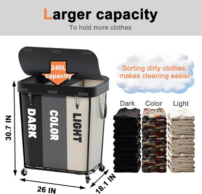 Laundry Sorter with Wheels 240L Rolling Laundry Cart,3 Compartment Designed Removable Laundry Bag for Daily Use in Bathrooms and Laundry Rooms (Brown, 240L)