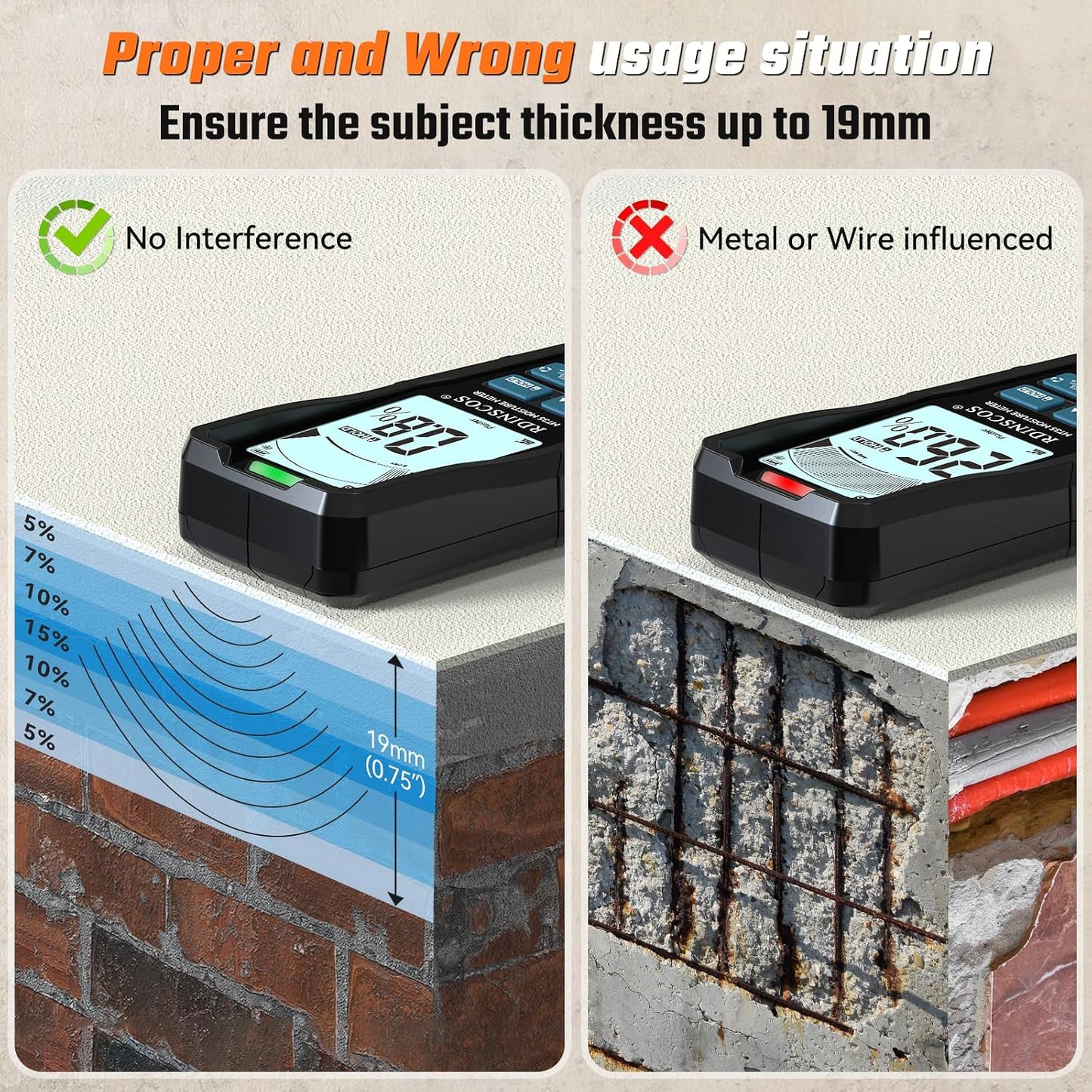 Pinless Moisture Meter for Wall,Floor – Digital Moisture Tester | With 3-Color LCD Display, Audible Alarm & HOLD Function, Ideal for Home Inspections