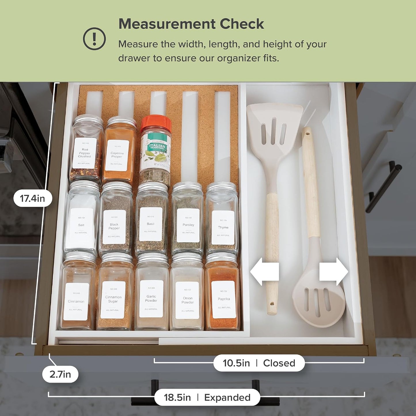 Expandable Spice Drawer Organizer, Bamboo | Holds up to 15 spice jars (not included), non-slip feet, 100% sustainable bamboo wood