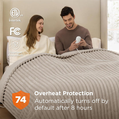 Bedsure Heated Blanket Electric Throw - Thick Striped Fast Heating Electric Blanket with Preheat Function, 6 Heat & 6 Timer (Up to 10H), 8H Auto Off, ETL Certified, Gifts for Women (50"x60", White)