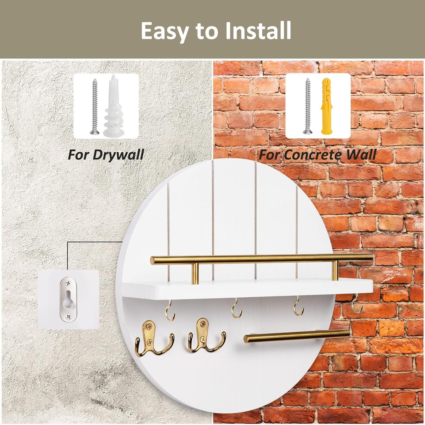 Nekon Key Holder Wall Mount, 11.8” Wood Mail Organizer for Wall, Brown | Round Wall Shelf with 6 Key Hooks, Rustic Key and Mail Holder, Key Hanger for Entryway Hallway Kitchen