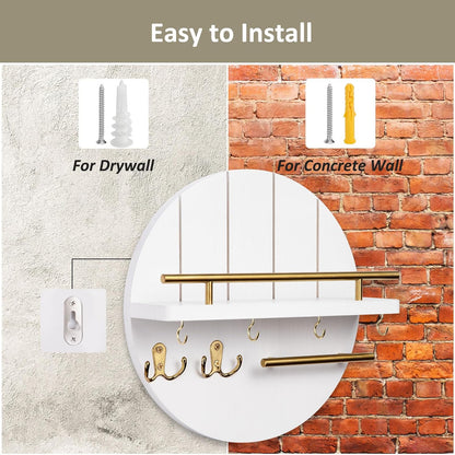 Nekon Key Holder Wall Mount, 11.8” Wood Mail Organizer for Wall, Brown | Round Wall Shelf with 6 Key Hooks, Rustic Key and Mail Holder, Key Hanger for Entryway Hallway Kitchen