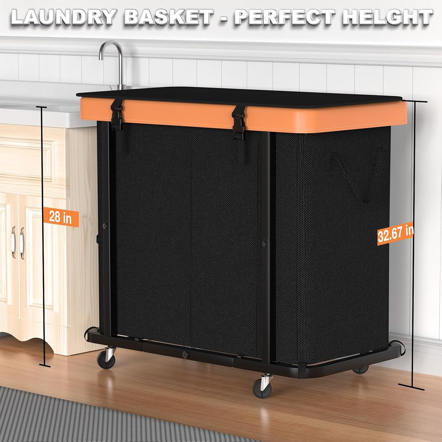 Laundry Hamper with Wheels,150L Leather Patchwork Clothes Hamper Black | Rolling Laundry Basket with Sturdy Metal Frame, Removable Washable Bag,Tall Clothes Sorter for Bedroom, Laundry Room, Dorm