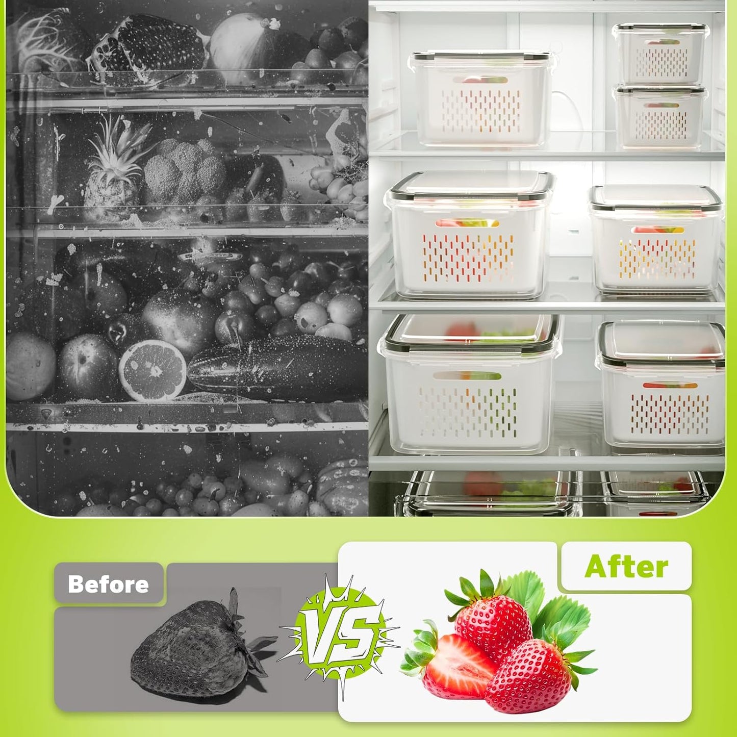 5 Pack Fruit Storage Containers for Fridge, Plastic Fruit Containers Set | with Removable Colanders, Leakproof Fridge Organizers and Storage for Berry Vegetables Salad Lettuce Meat, Dishwasher Safe