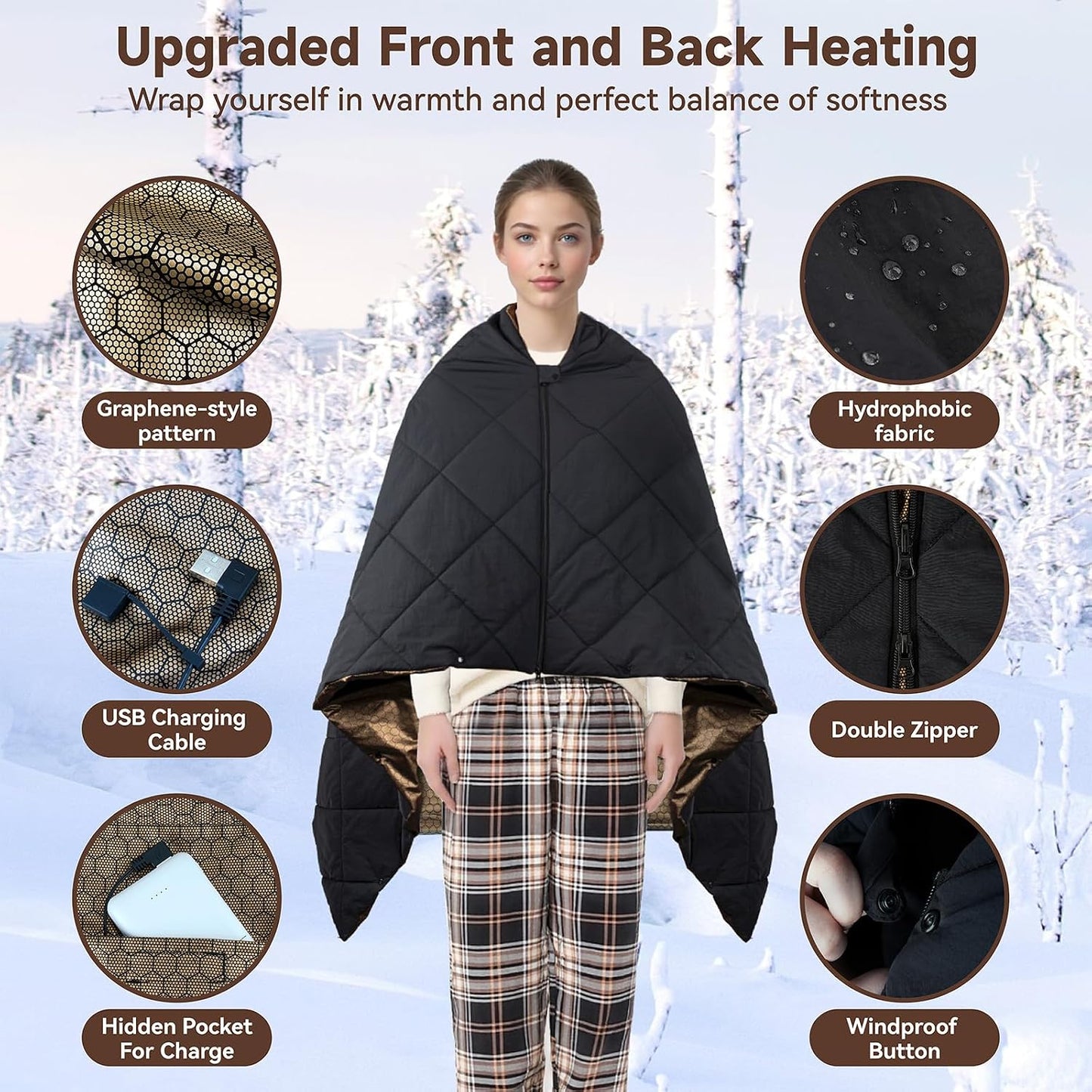 Cordless Battery Operated Heated Blanket, Portable Outdoor Heated Blanket | Extra Large 67"x47" Windproof Rechargeable Heated Throw, 6 Fast-Heating Zones for Camping, Hiking, Stadium Events & Travel