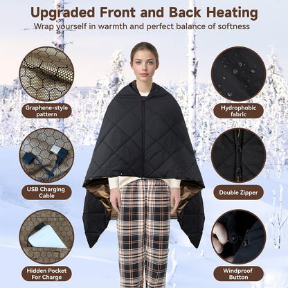 Cordless Battery Operated Heated Blanket, Portable Outdoor Heated Blanket | Extra Large 67"x47" Windproof Rechargeable Heated Throw, 6 Fast-Heating Zones for Camping, Hiking, Stadium Events & Travel