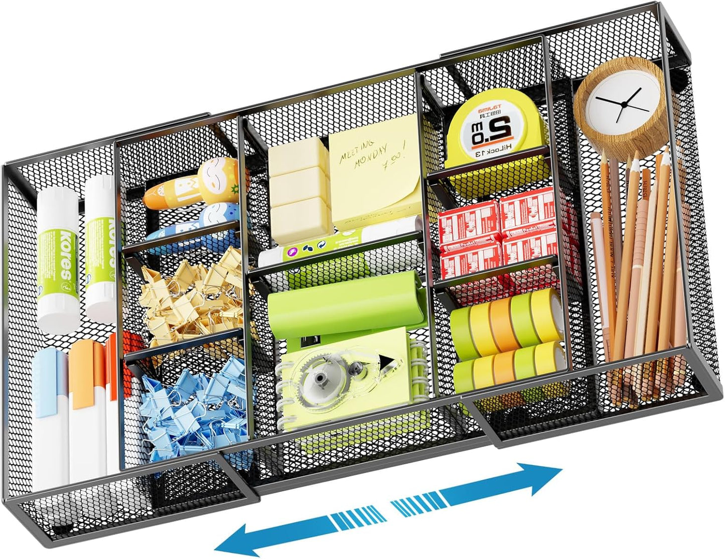 Marbrasse Expandable Desk Drawer Organizer, Mesh Drawer Organizer Tray with 10 Adjustable Compartments, Desk Organizers and Accessories, 5 Dividers Drawer for Office Supplies, Makeup & Vanity (Black)