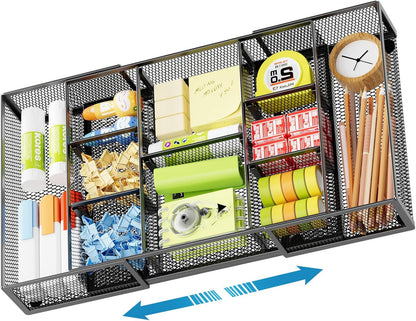 Marbrasse Expandable Desk Drawer Organizer, Mesh Drawer Organizer Tray with 10 Adjustable Compartments, Desk Organizers and Accessories, 5 Dividers Drawer for Office Supplies, Makeup & Vanity (Black)