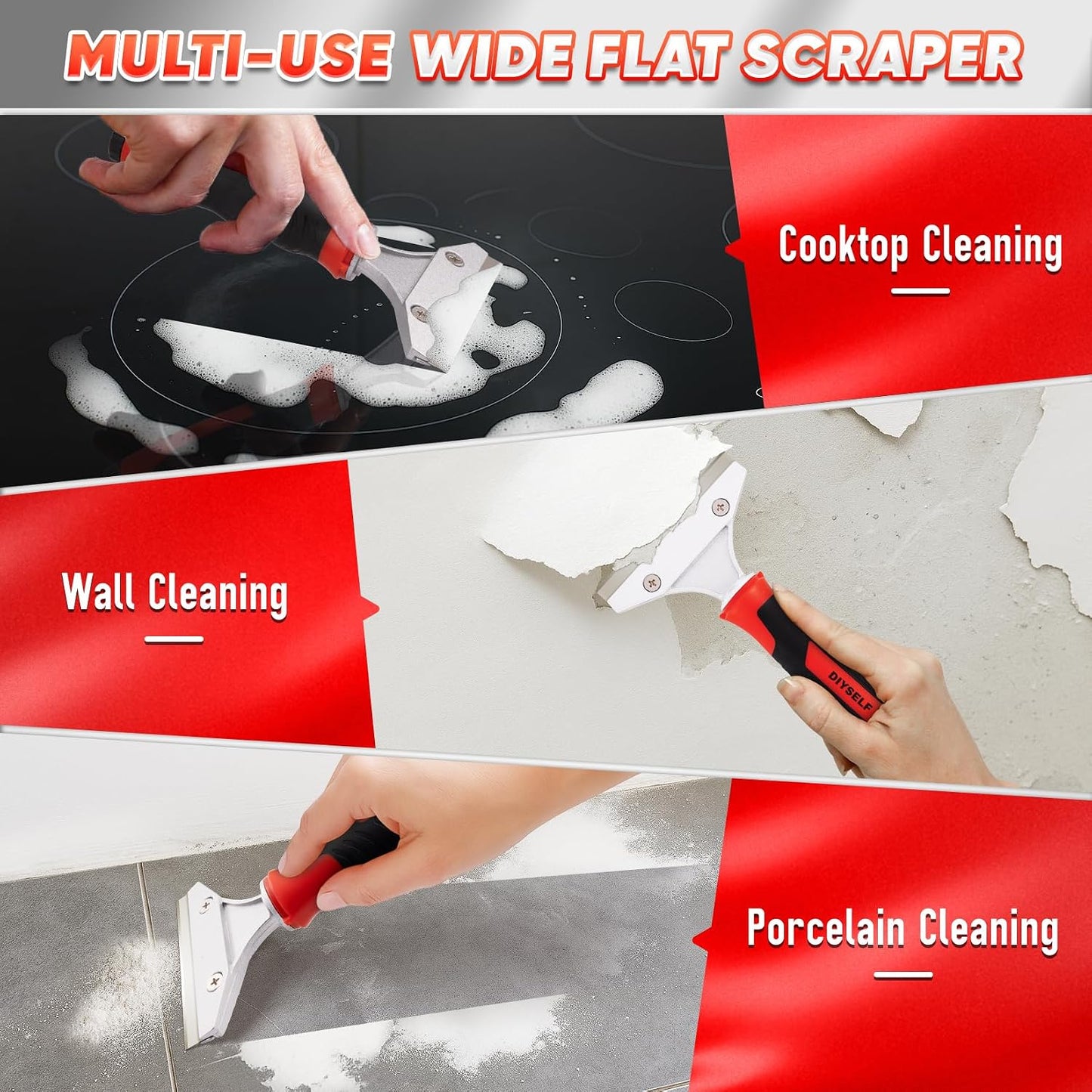 DIYSELF 4-in-1 Caulking Remover Tool, Silicone Caulking Tools for Tile, Red | Bathtub Caulking Tool, Shower Caulk Remover Tool, Razor Scraper for Tile, Grout, Windows & Home Repairs