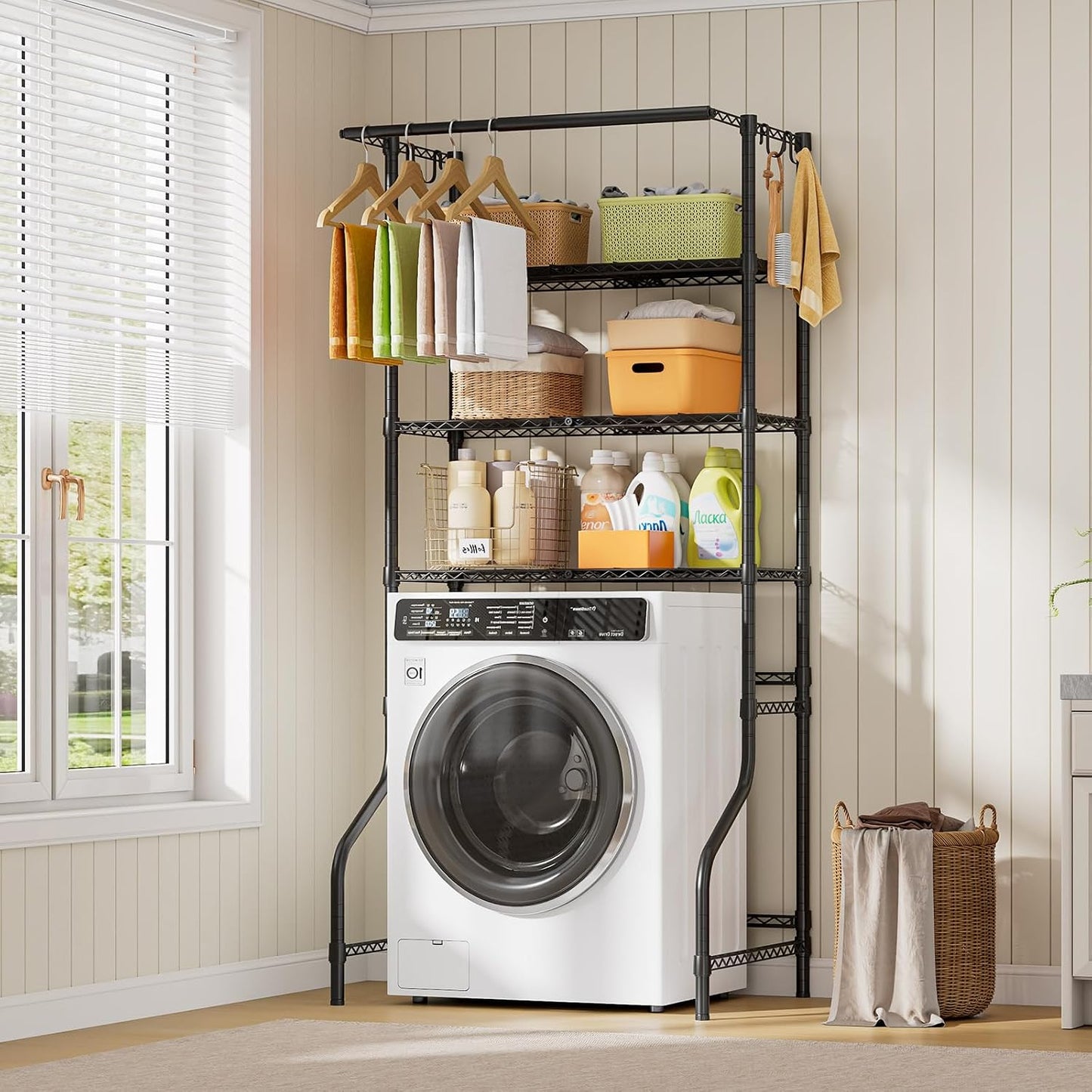 3 Tiers Expandable Over Washer and Dryer Shelves, White | Laundry Room Organization and Storage with Hanger Rod, 4 Hooks, Adjustable Height Metal Freestanding Clothes Drying Rack
