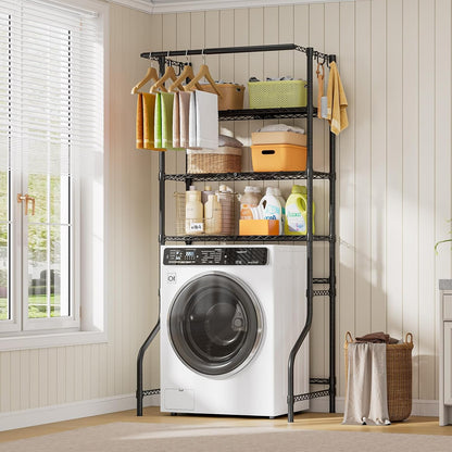 3 Tiers Expandable Over Washer and Dryer Shelves, White | Laundry Room Organization and Storage with Hanger Rod, 4 Hooks, Adjustable Height Metal Freestanding Clothes Drying Rack
