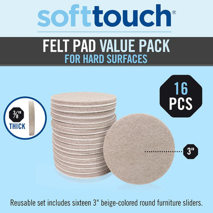 SoftTouch 1.5" Round Reusable Felt Furniture Sliders for Hard Surfaces, Noise-Reducing Adhesive Furniture Moving Pads for Beds, Sofas, Dressers, Set of 24, Beige