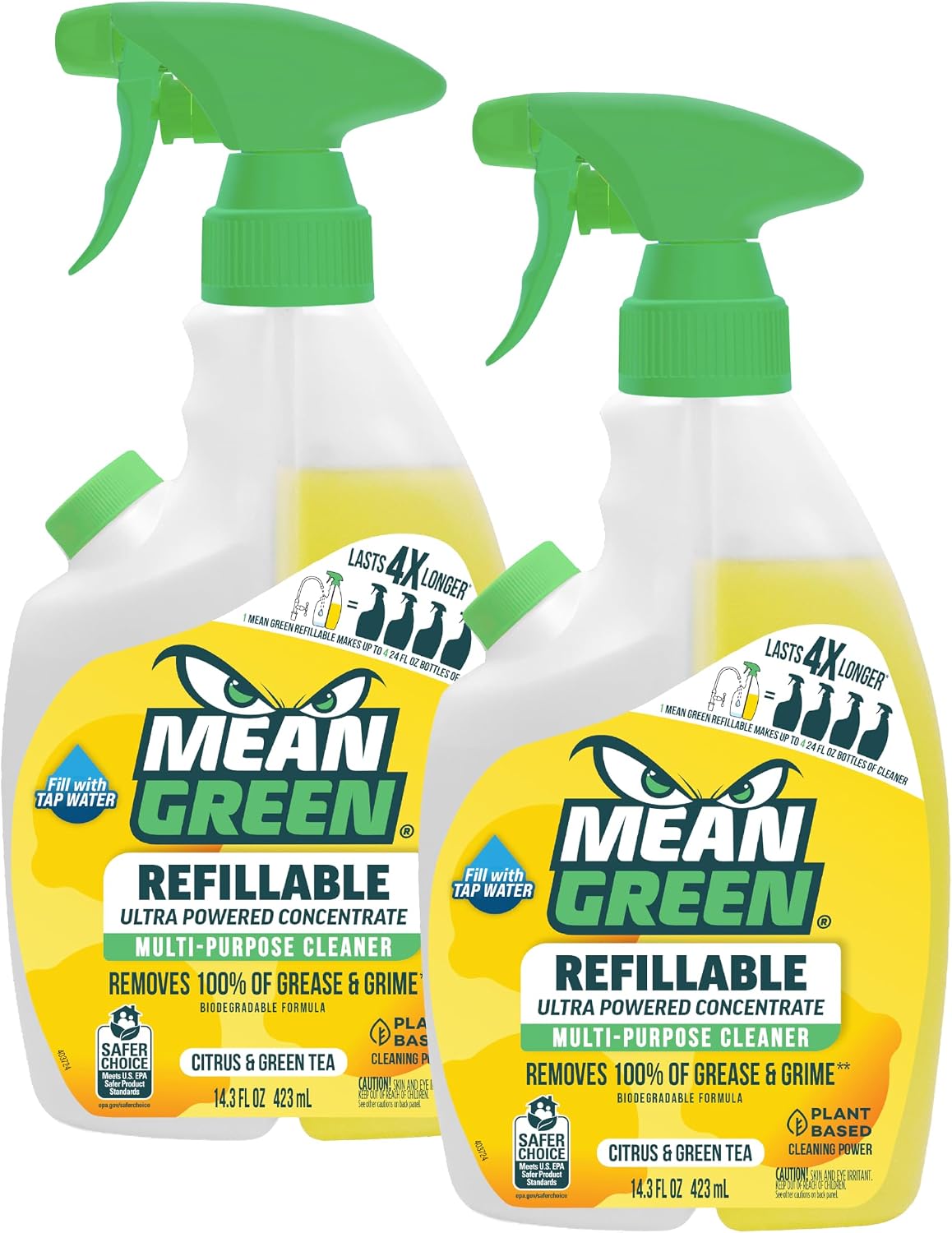 Mean Green Refillable Ultra Powered Multi-Purpose Cleaner Concentrate, Citrus & Green Tea, 14.3 fl oz – Plant & Mineral Based, Cuts Through Grease & Grime, Refillable Bottle Makes 4X Refills