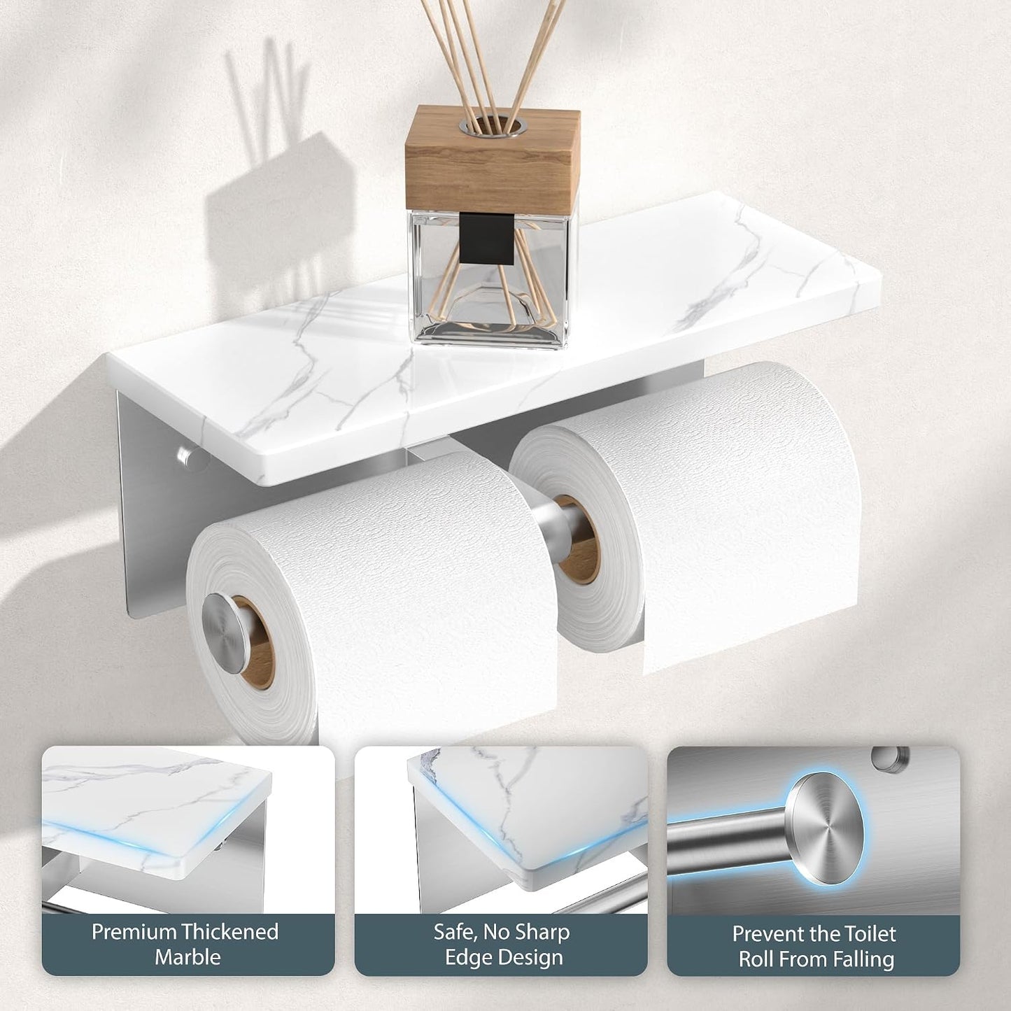 FORIOUS Toilet Paper Holder with Shelf, Natural Marble, Commercial | Brushed Nickel, Wall Mount 304 Stainless Steel Commercial Bathroom Tissue Roll Dispenser, Heavy Duty Washroom Paper Storage