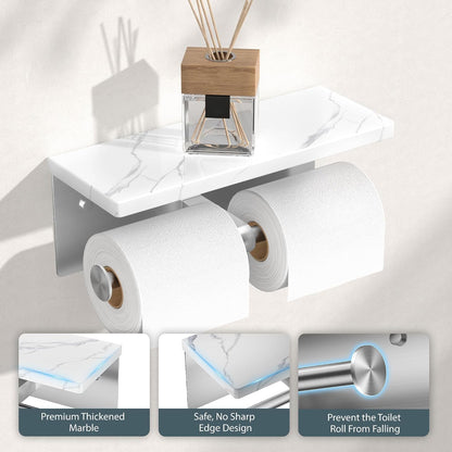 FORIOUS Toilet Paper Holder with Shelf, Natural Marble, Commercial | Brushed Nickel, Wall Mount 304 Stainless Steel Commercial Bathroom Tissue Roll Dispenser, Heavy Duty Washroom Paper Storage