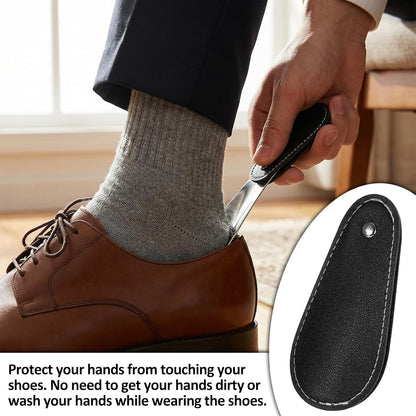 InnoHHustle Short Shoe Horn with PU Leather Cover 4.3 Inch Metal Shoe Spoon Portable Mini Travel Leather Shoehorn Travel Shoes Spoon Helper Short Shoes Tongue Pocket Handled Shoespooner for Women Man