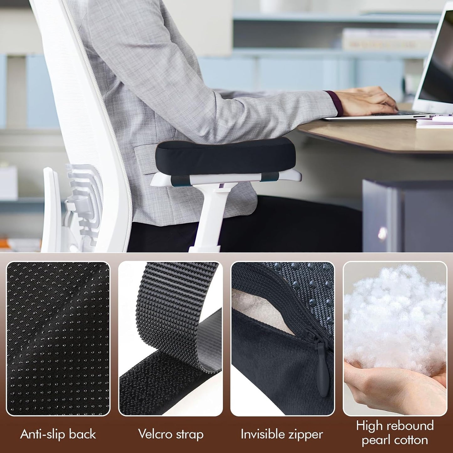 2-Pack Non-Slip Armrest Pads for Office & Gaming Chairs - Ergonomic Forearm Support Pillow for Desk, Computer & Wheelchair, Pressure Relief Cushions (Black)