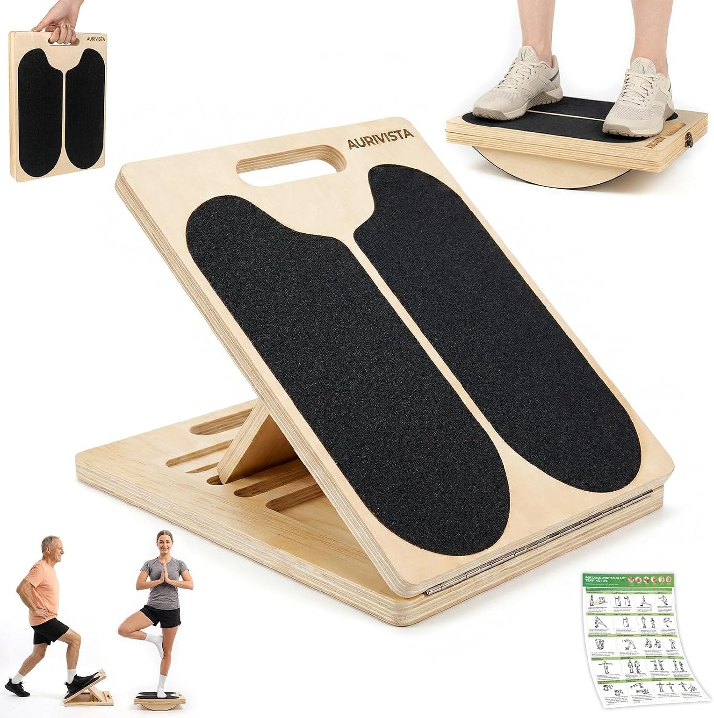 Wooden Slant Board, 2-in-1 Adjustable Calf Stretcher, 300lb | 180° Adjustable,6 Angle,withTraining Poster,Portable Incline Board,Physical Therapy,Ankle Stretching