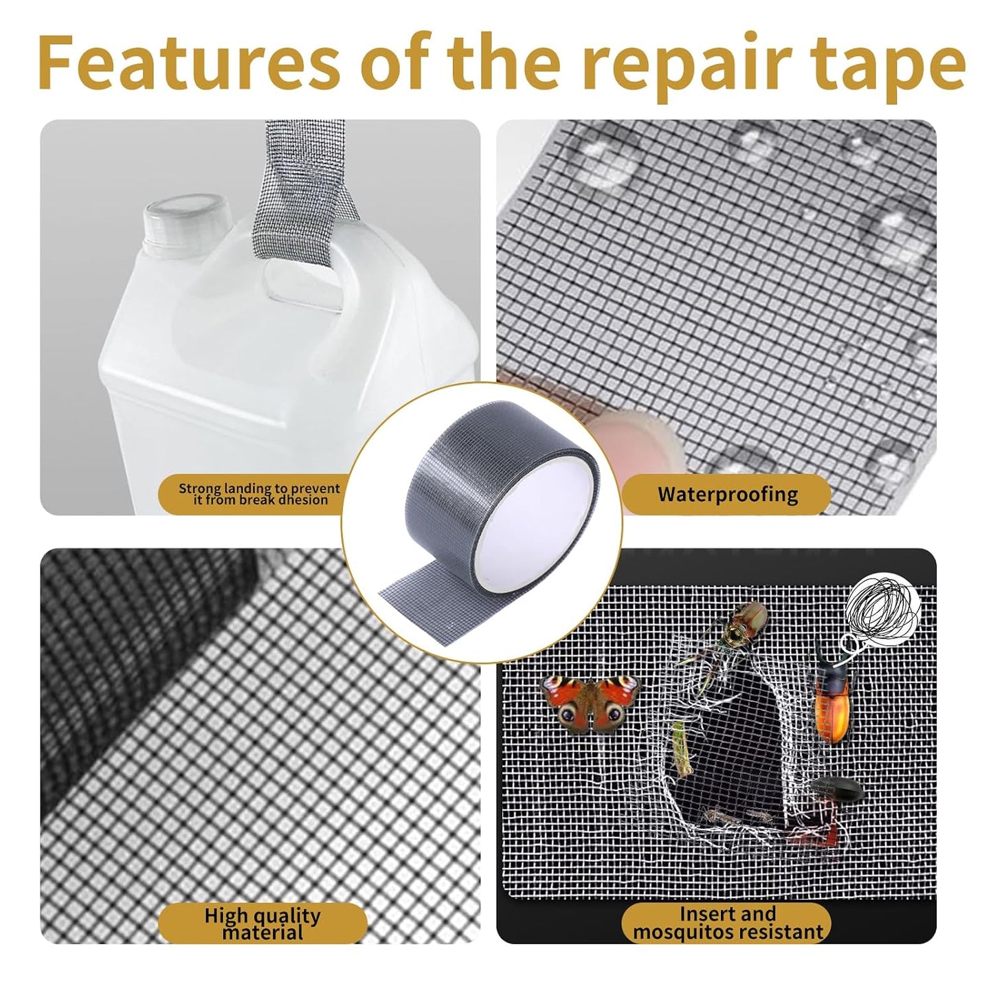 Window Screen Repair Kit 16.5FT 3-Layer Strong Adhesive & Waterproof Tape Fiberglass Covering mesh-Screen Door Patch Repair Kit for Windows or Doors-Ease-Installation Fiberglass Covering Mesh (Gray)