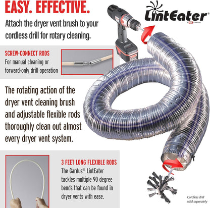 Dryer Vent Duct Cleaning Kit - Gardus RLE202 LintEater Rotary Dryer Vent Cleaner Kit, Removes Lint, Dryer Vent Cleaning System Extends Up to 12’ with 4 Flexible 3' Rods, Air Duct Cleaning Tools