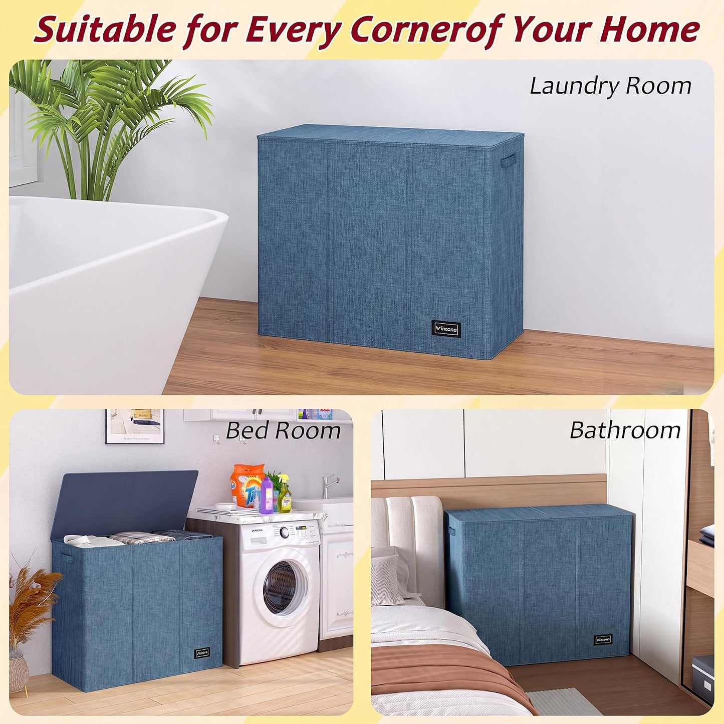 195L Laundry Hamper 3 Section,Large Laundry Hamper with Lid,Dirty Clothes Hamper with 3 Inner Bags,Collapsible Laundry Basket Organizer for Laundry Room,Bedroom,Laundry Sorter Hamper 3 Compartment