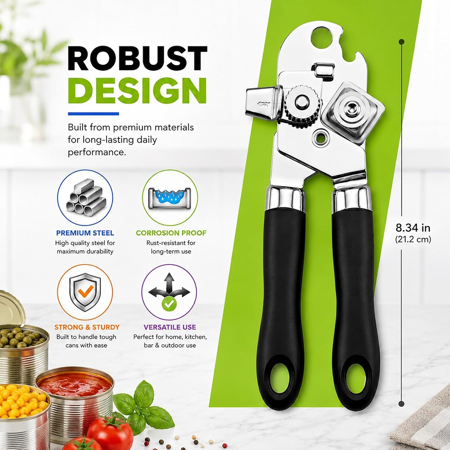 Can Opener Manual, Heavy Duty Stainless Steel Rust Proof Can Opener with Easy Grip Handle, Smooth Edge Safe Cut, Can Openers for Seniors, Durable Kitchen Tool
