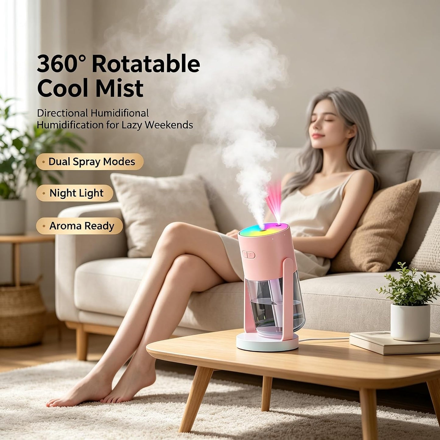 UEISODC bedroom humidifier, desktop USB humidifier, car air freshener, relieves tight skin, cough, nasal congestion, allergies and dry air，With automatic shutdown, silent operation