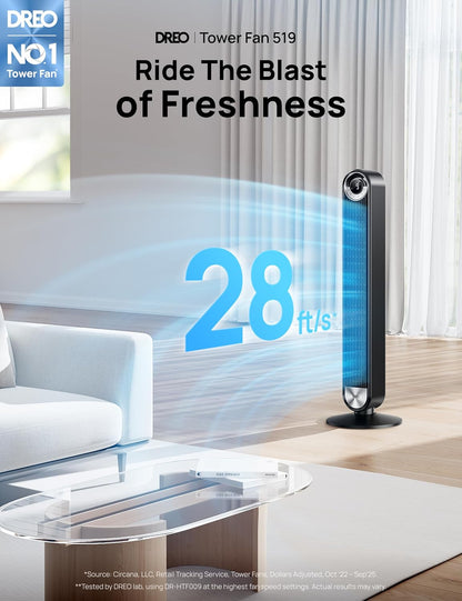 DREO Tower Fan for Bedroom, Upgraded DC 28ft/s Velocity, 9 Speeds