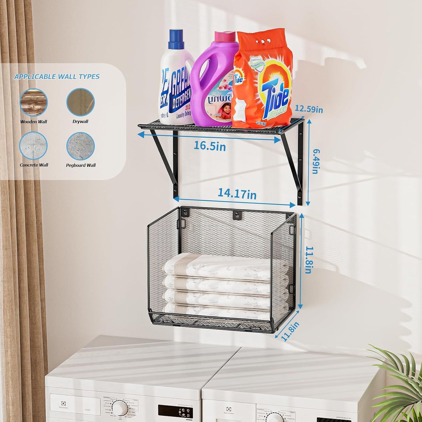 2 Pack Laundry Room Shelves Organization And Storage,Wall Mounted Clothes Drying Rack With Wire Mesh Basket Over Washer And Dryer,Large Capacity Floating Wall Shelf For Bathroom,Kitchen,Storeroom
