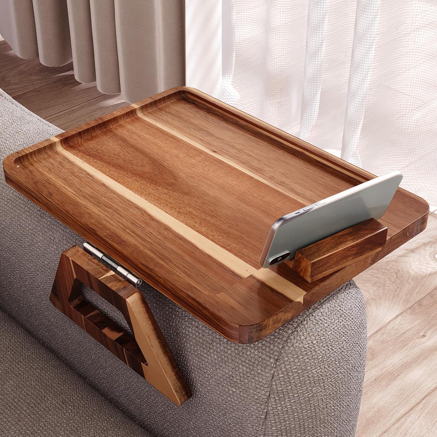 Acacia Wood Couch Arm Tray，Folding Sofa Armrest Table | Clip-On Couch Desk,Foldable, Non-slip,No Assembly，for Drinks Snacks Phone，Remote Control