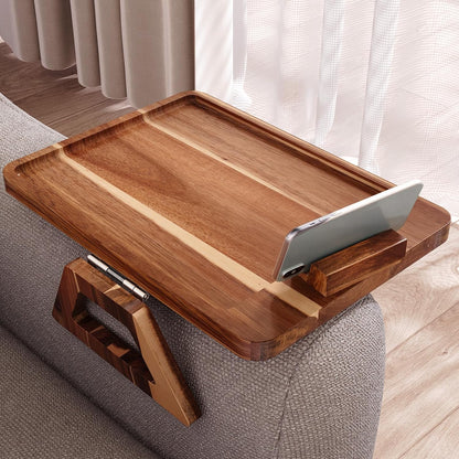 Acacia Wood Couch Arm Tray，Folding Sofa Armrest Table | Clip-On Couch Desk,Foldable, Non-slip,No Assembly，for Drinks Snacks Phone，Remote Control