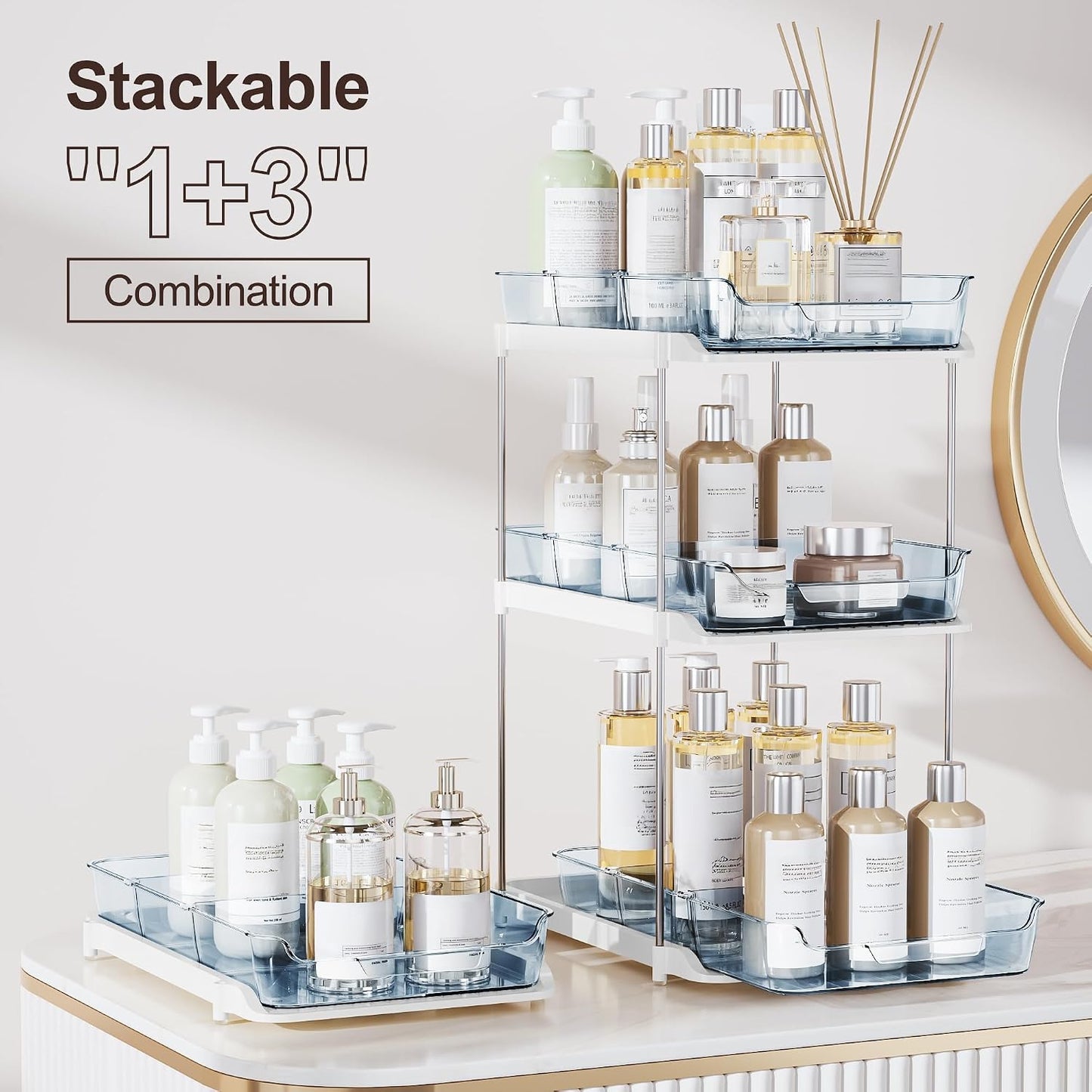 Delamu 2-Tier Multi-Purpose Bathroom Under Sink Organizers and Storage, Stackable Kitchen Pantry Organization, Pull Out Medicine Cabinet Organizer with Movable Dividers, White, 2 Pack