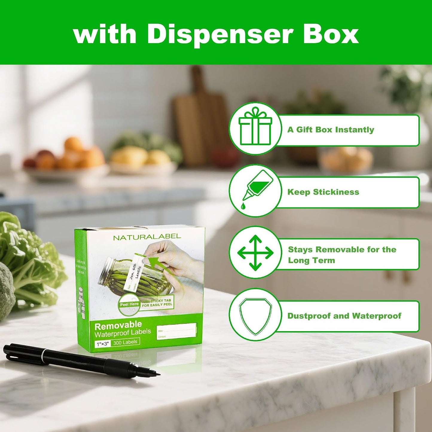 Removable Freezer Labels with Dispenser, 1" x 3", 1 Box (Red) | Writable, remove no residue, waterproof & oilproof, easy peel-off design, 300 labels per box, for meal prep containers