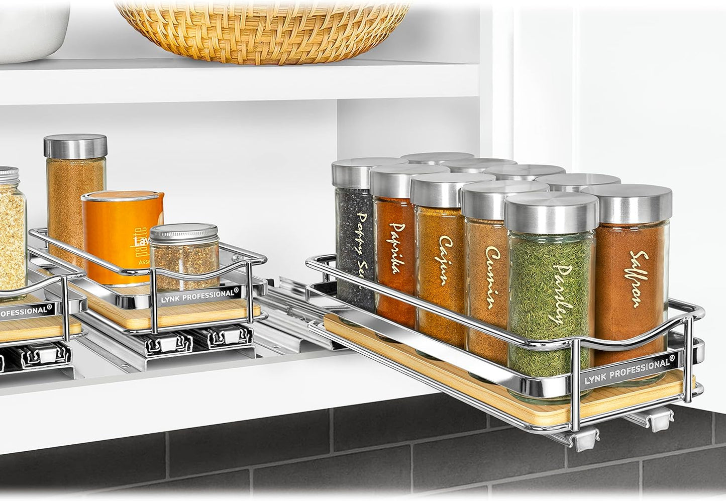 LYNK PROFESSIONAL® Pull Out Spice Organization for Cabinets - 4-3/8 inch Wide – Spice Rack for Inside Cabinets, Slide Out Spice Rack Organizer for cabinet – Pull Out Spice Rack, Sliding 2 Tier Chrome