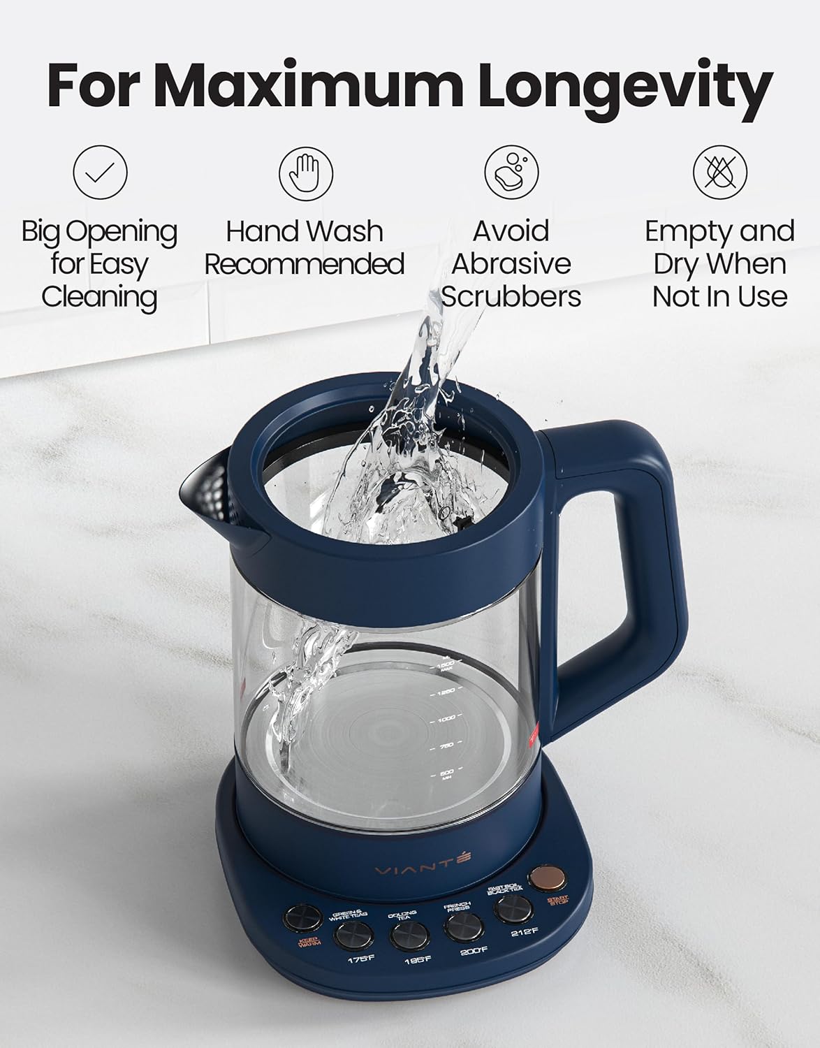 Viante Alba Electric Tea Kettle With Infuser, No Plastic, 1.5L | Borosilicate glass & 304 stainless steel construction. 4 temp presets, keep-warm, cordless, auto shut-off