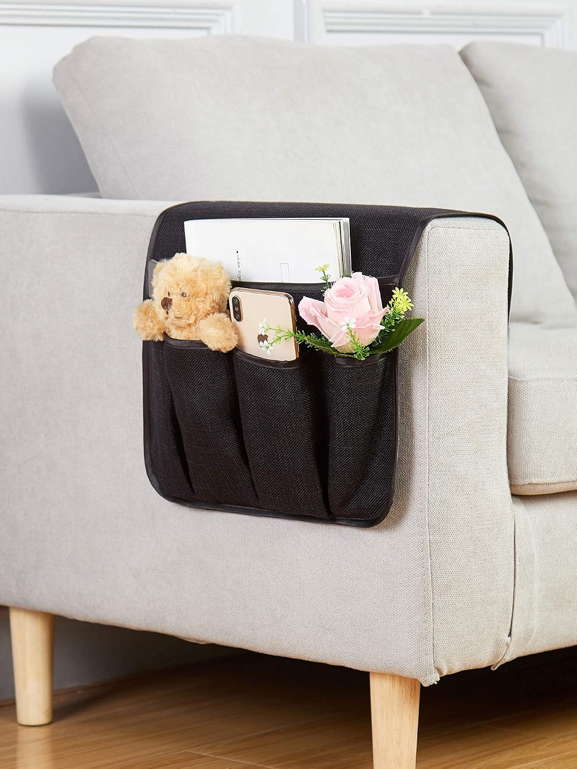 Sofa Armrest Organizer Non-Slip Arm Chair Hanging Caddy Remote Control Holder for Magazine, Phone, Books, Glasses(Black,13in)