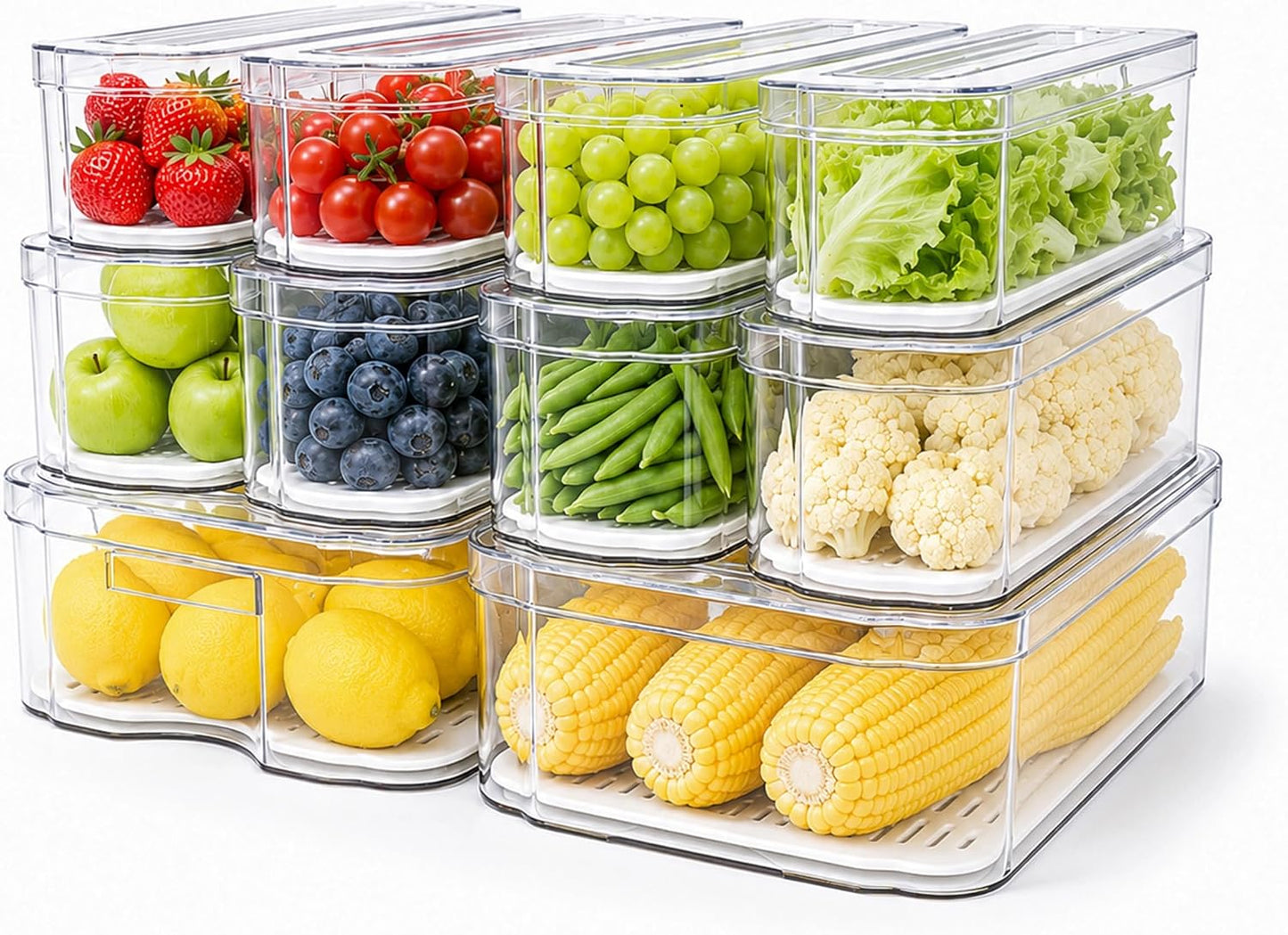 SMRCAD Clear Fridge Bins with Drain Trays - BPA-Free PET, Stackable(6 Pack) | 6 Pack: 1 Drawer + 5 lidded Bins, Helps Keep Produce Fresh, 16.3L Capacity, Hand Wash Only