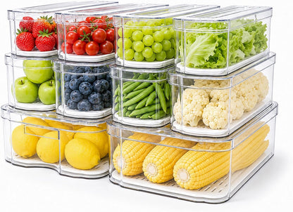 SMRCAD Clear Fridge Bins with Drain Trays - BPA-Free PET, Stackable(6 Pack) | 6 Pack: 1 Drawer + 5 lidded Bins, Helps Keep Produce Fresh, 16.3L Capacity, Hand Wash Only