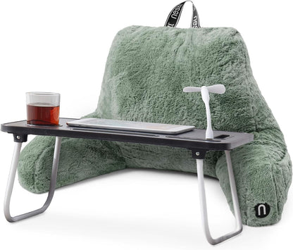 Nestl Fur Reading Pillow with Shredded Memory Foam, Stylish Back Pillow for Bed Sitting Up, Faux Fur Reading Pillows for Sitting in Bed Adult & Kids, Sit Up Back Support Pillow with Arms - Dark Grey