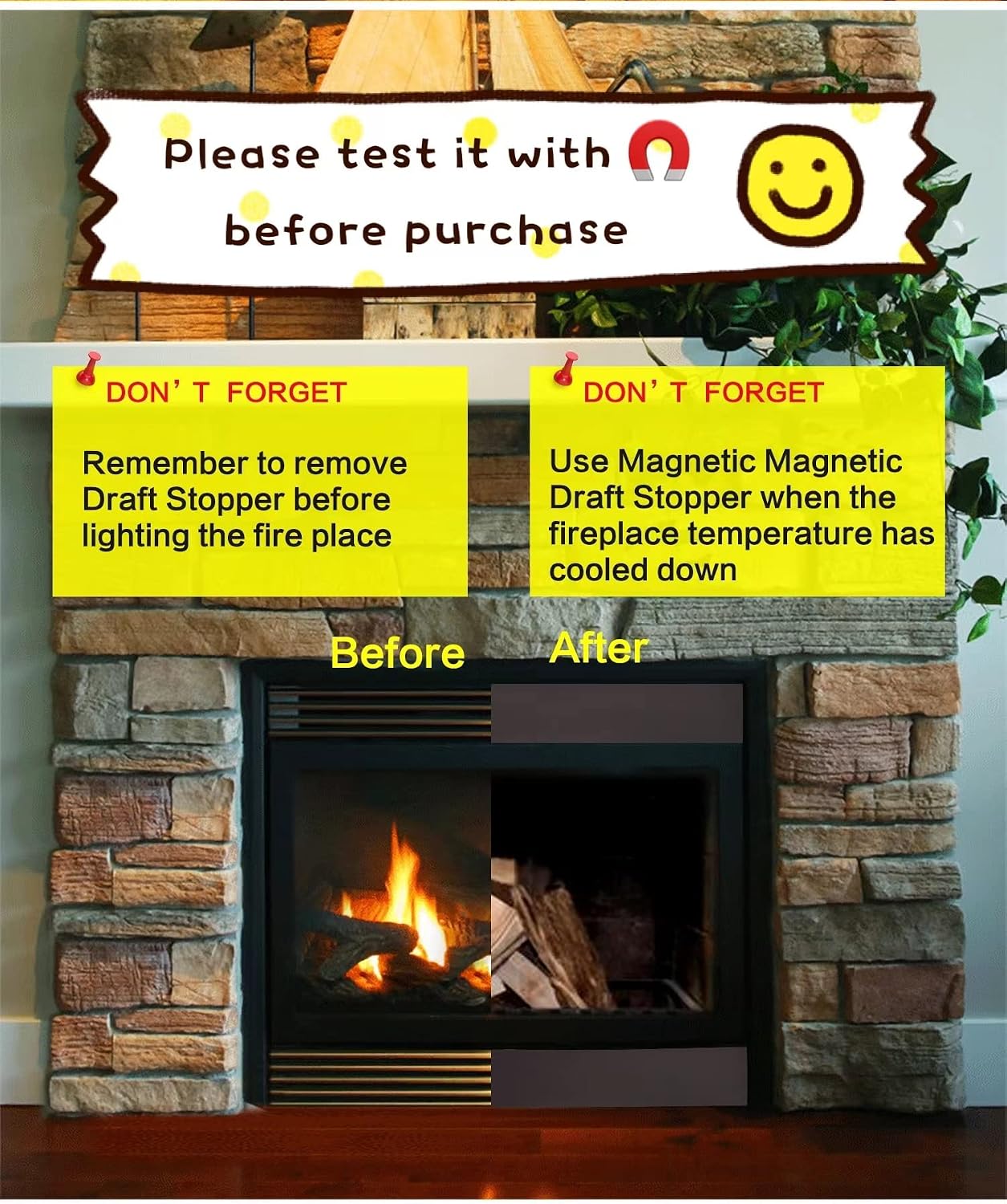 Fireplace Cover(36''L x 6''W) - Pack of 2 Magnetic Fireplace Covers Keep Drafts Out-Draft Stopper - Draft Blocker for Fireplace, Block Cold Air from Fireplace Vent 36''Lx6''W