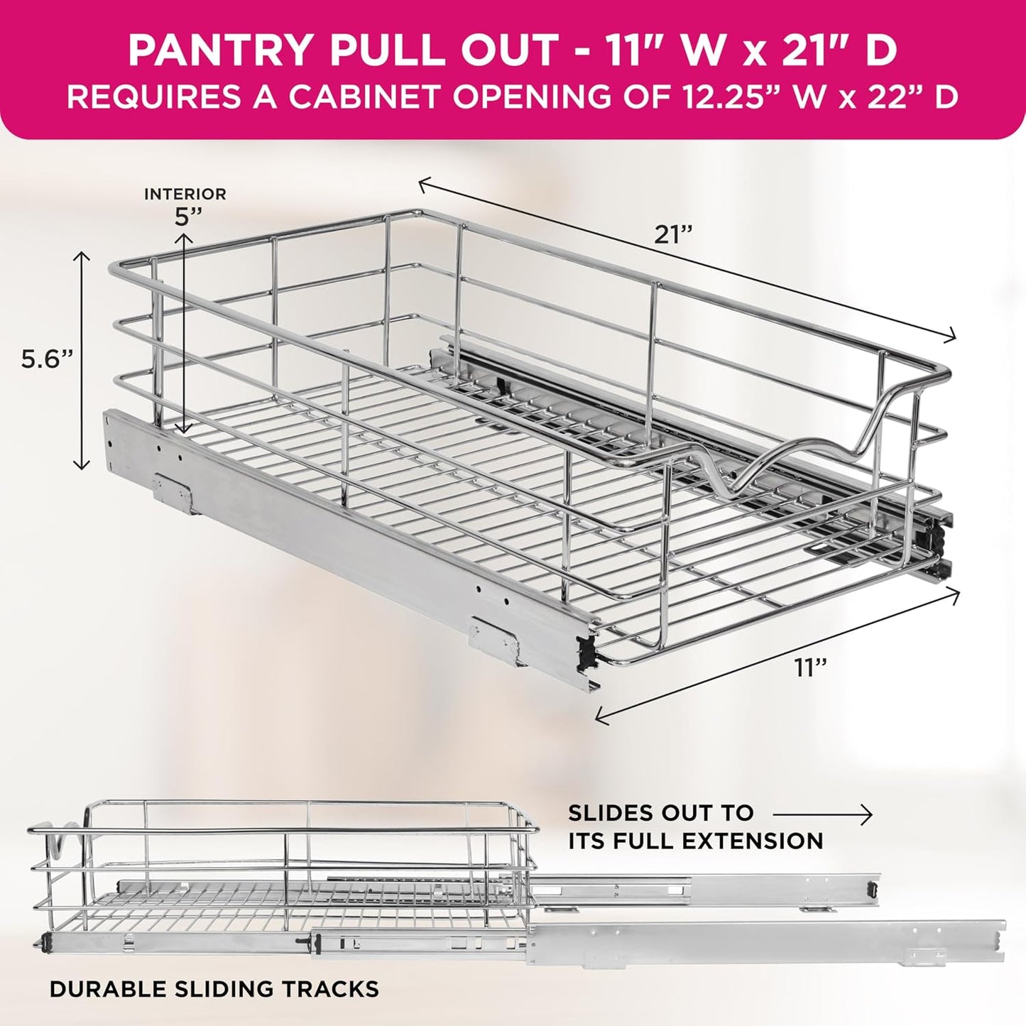 HOLDN’ STORAGE Pull Out Cabinet Organizer, Pantry Drawer, 14"W x 21"D x 5"H | Heavy-Duty Full-Extension, Roll Out Shelf for Pots, Pans & Under Sink Storage, Chrome, Require a 15.25"W Cabinet Opening