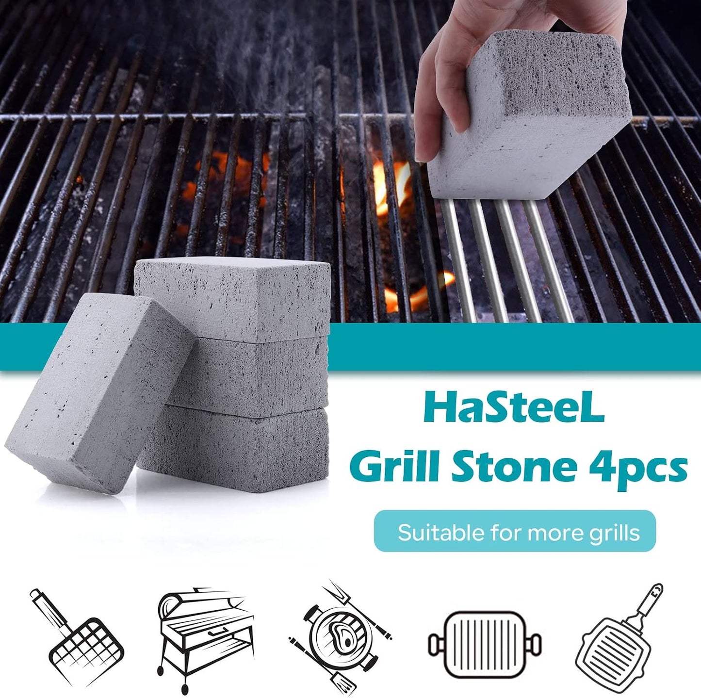 HaSteeL Grill Cleaning Brick, Griddle Pumice Stone for Removing Stains Kit of 4, Commercial Grade Grill Block Cleaner Accessories for Flat Top, Racks, Cast Iron, Sink, Effective & Reusable Clean Tool