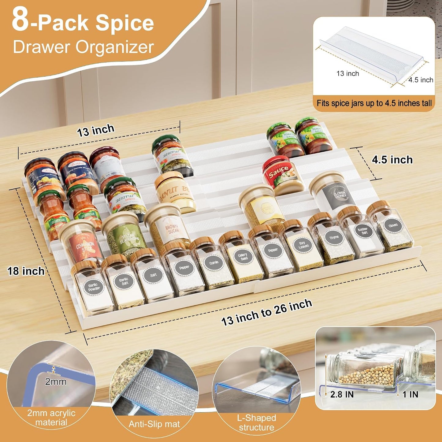 8-Pack Spice Drawer Organizer, Expandable Acrylic Seasoning Rack (13" to 26") with Anti-Slip Mat, Kitchen Spice Rack Holds up to 56 Jars (Jars Not Included)