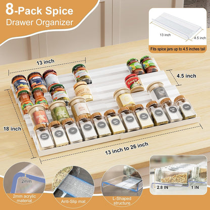 8-Pack Spice Drawer Organizer, Expandable Acrylic Seasoning Rack (13" to 26") with Anti-Slip Mat, Kitchen Spice Rack Holds up to 56 Jars (Jars Not Included)