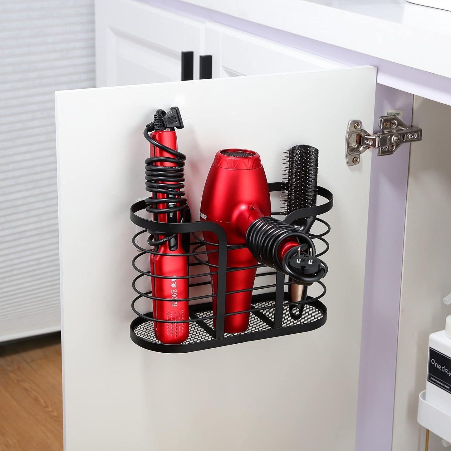 YIGII Hair Tool Organizer, Cabinet Door Storage Basket, Bathroom, Black | Storage for Hair Dryers, Flat Irons and Curling Tools, Space-Saving Cabinet Design for Bathroom Styling Tools