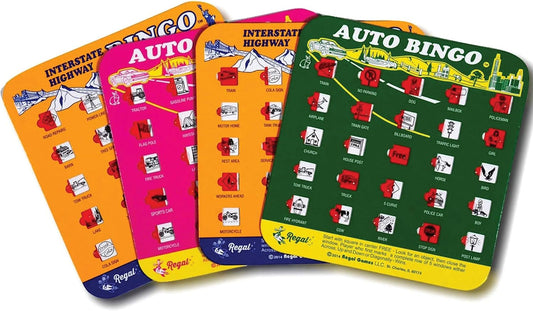 Regal Games Finger-Tip Shutter Bingo Cards with Sliding Windows - Interstate Bingo & Auto Bingo Game - Assorted Colors Travel Game Bingo Set Kids - Reusable, No Chips & Daubers Needed - 4 Packs
