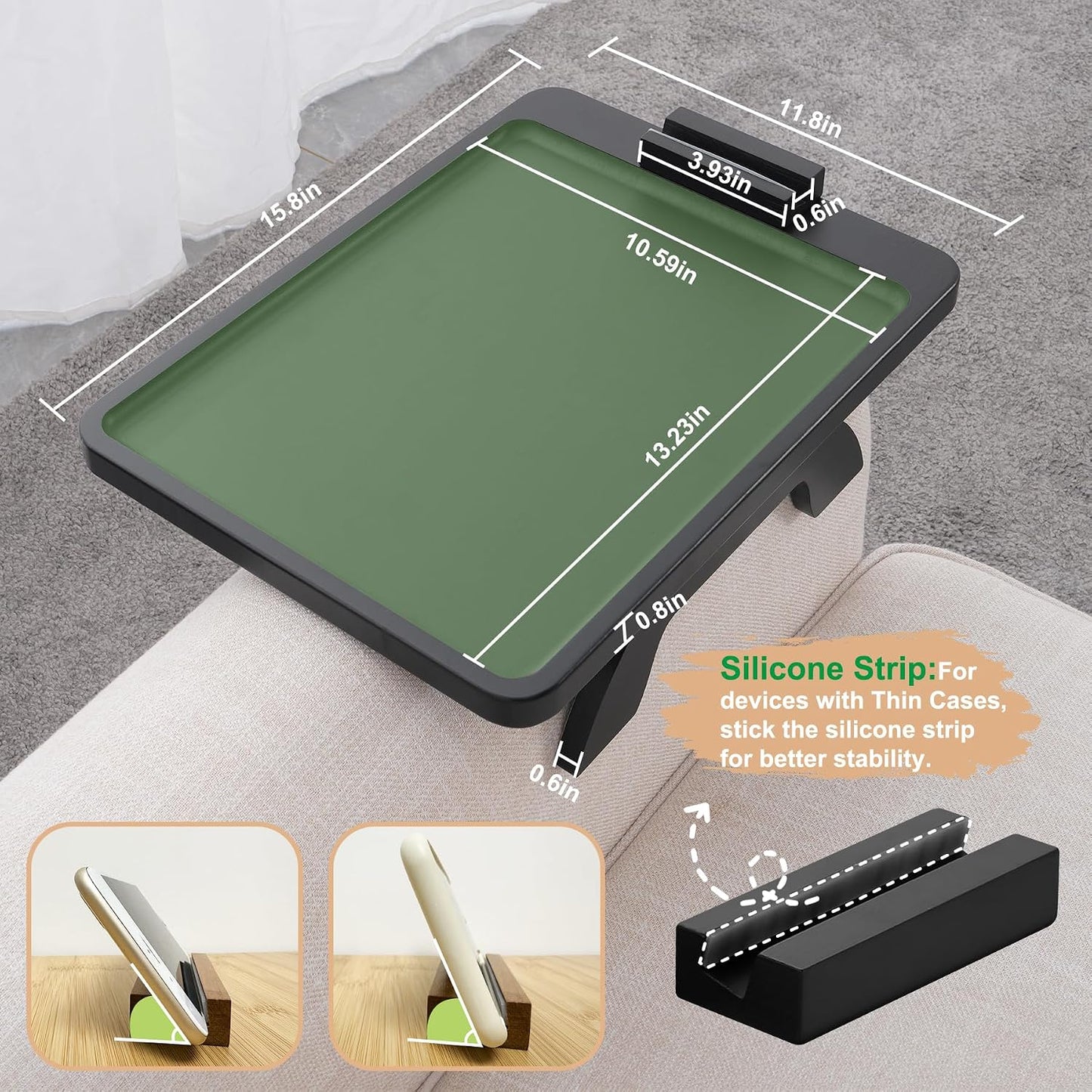 Couch Arm Tray,Bamboo Sofa Clip on Side Table,Foldable Couch Armrest Table with 360°Rotating Phone Holder,Anti Slip Food Trays for Eating/Drinks/Snacks/Remotes 15.35" x 9.85"