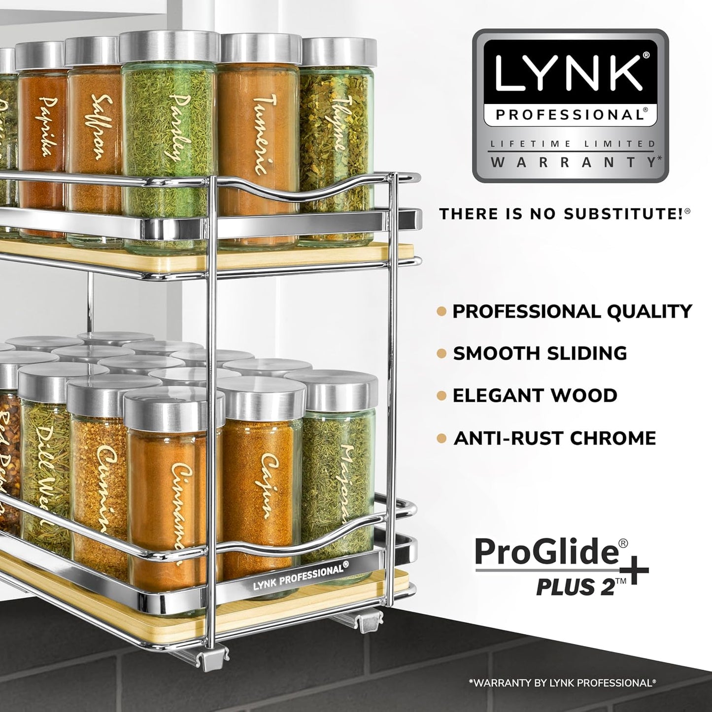 LYNK PROFESSIONAL® Pull Out Spice Organization for Cabinets - 4-3/8 inch Wide – Spice Rack for Inside Cabinets, Slide Out Spice Rack Organizer for cabinet – Pull Out Spice Rack, Sliding 2 Tier Chrome
